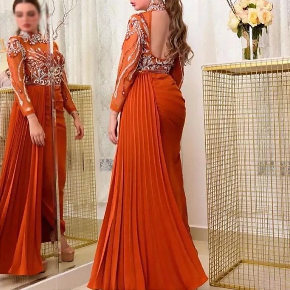 ファッション背中の開いたイブニングウエディングドレス長袖イブニングドレス足首までの長さのビーズスパンコールパーティーウエディングドレスカスタマイズ