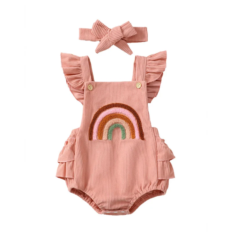 

Newborn Baby Girl Rainbow Romper Cute Clothes Flying Sleeve Backless Tutu Bloomers Shorts Bodysuit with Headband