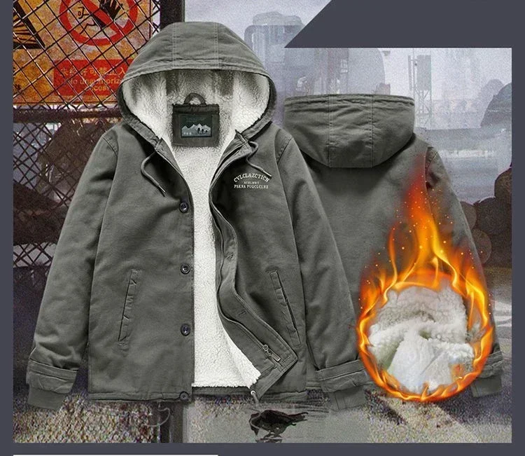 Men's Winter Cotton Jackets Hooded Parkas Lamb Fur Lining Plush Men's Jacket Cold Thickening Fashion Motorcycle Jacket Men's