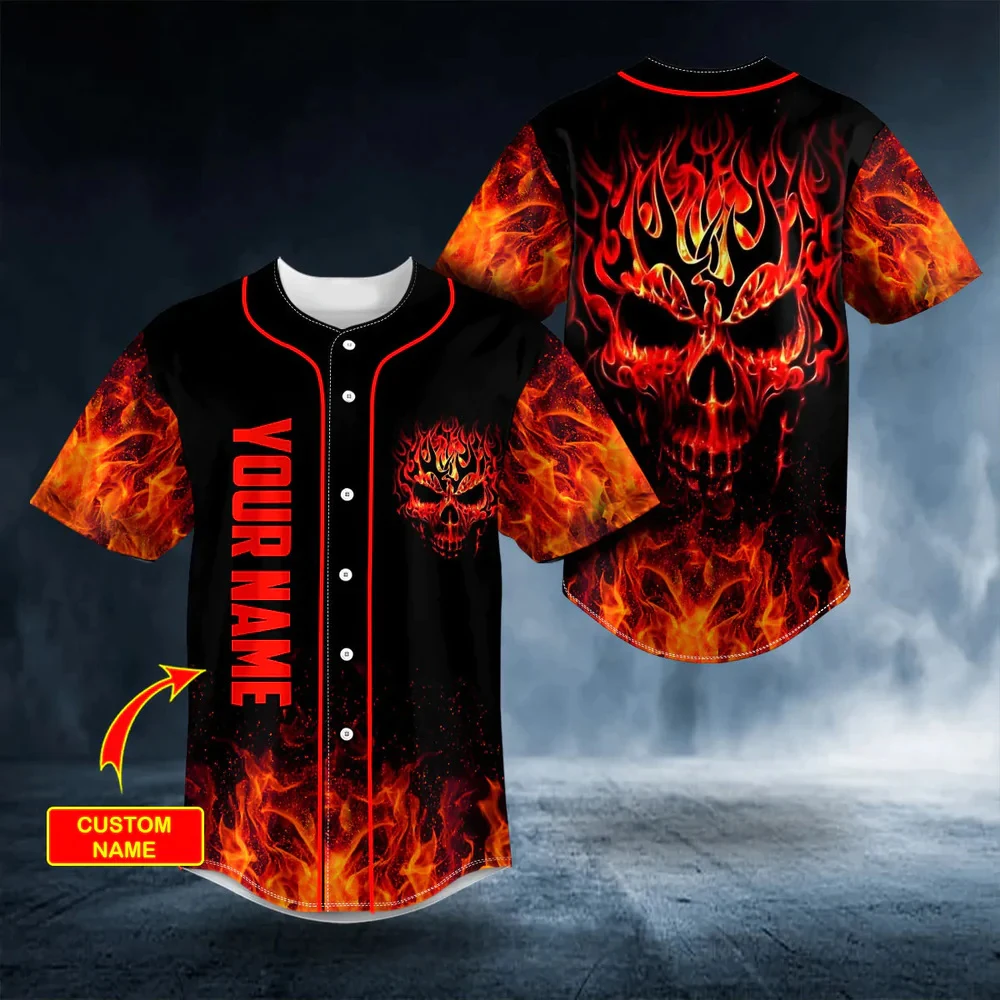 Customized Name Fire Skull Pattern 3D Printed Men's Baseball Jersey Unisex Fashion Harajuku Street Casual Sports Baseball Shirt