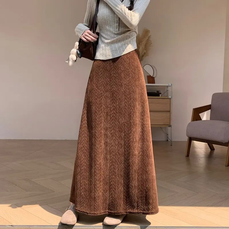 Qiukichonson Maxi Long Skirts Womens Knitted Skirt 2026 Autumn Winter Korean Casual High-Waist Pleated Skirts Coffee With Lining