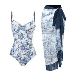 Women Swimsuits Vacation Abstract Printing Notched One Piece with Cover Up