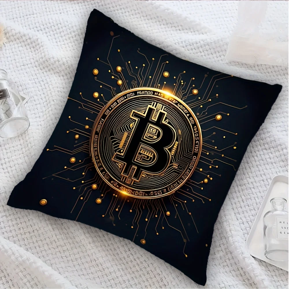 Bitcoin Cryptocurrency Symbol Double-Sided Pillowcase, BTC Digital Currency Cushion Cover with Zipper, Washable Decor Case