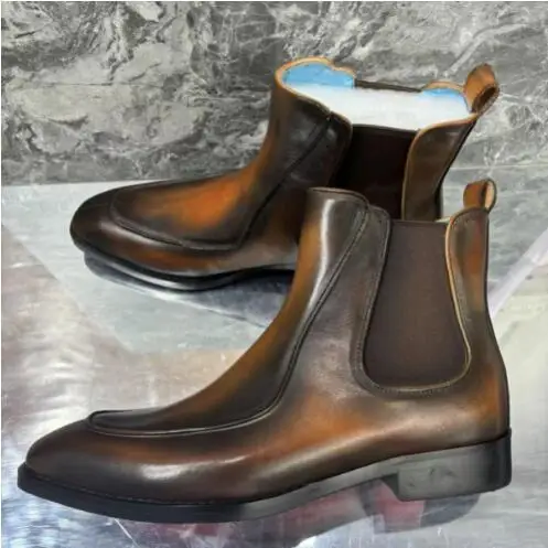 Retro Man Brown Genuine Leather Small Square Toe Slip On Flat Ankle Boots Male Party British Style Short Boots Shoes Size 48