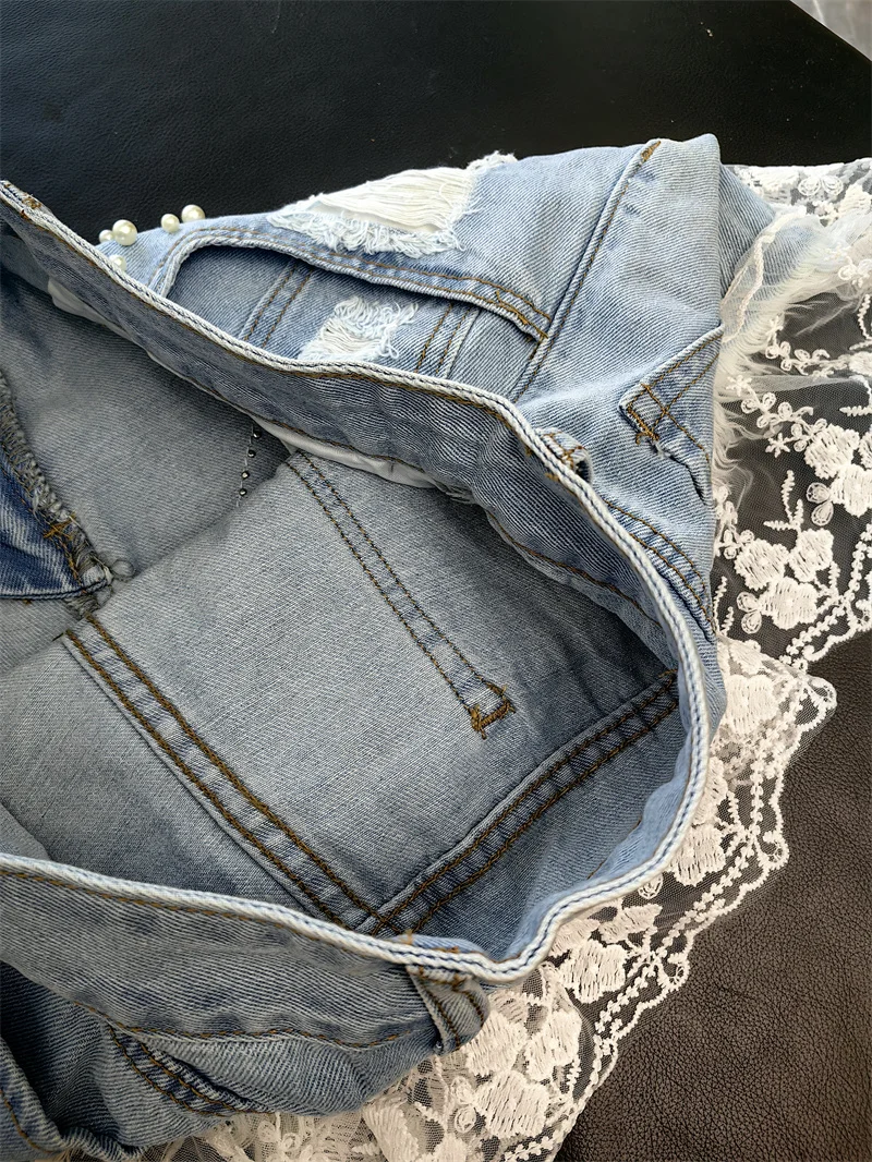 Personality Hole Beaded Spring and Summer Women's High Waist Denim Shorts Stiching Lace