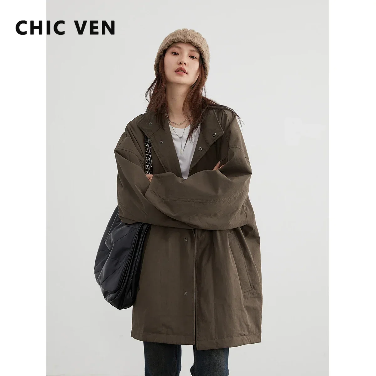 CHIC VEN Women Long Coats Casual Single Breasted Cotton Solid Loose Quilted Coats Coffee Female Outerwear Autunm Winter 2024