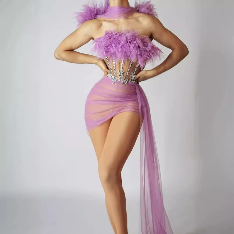 Banquet Shoulder Mesh Waist Feather Sequins Skinny Design Dress Short Skirt Buttocks Women's Troupe Stage Performance Abendkleid
