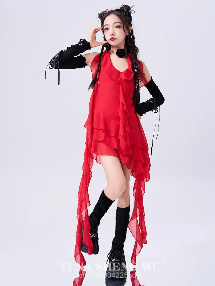 New Red Ribbon Dress Jazz Dance Clothes Street Dance Hip Hop For Girls Dress Suit Performance Music Festival Catwalk Outfits
