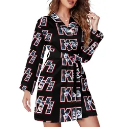 Kiss Band Photo Logo Pajama Robe Rock Band Long-Sleeve Sleep Pajamas Robes Women V Neck Sexy Nightgown Spring Printed Dress