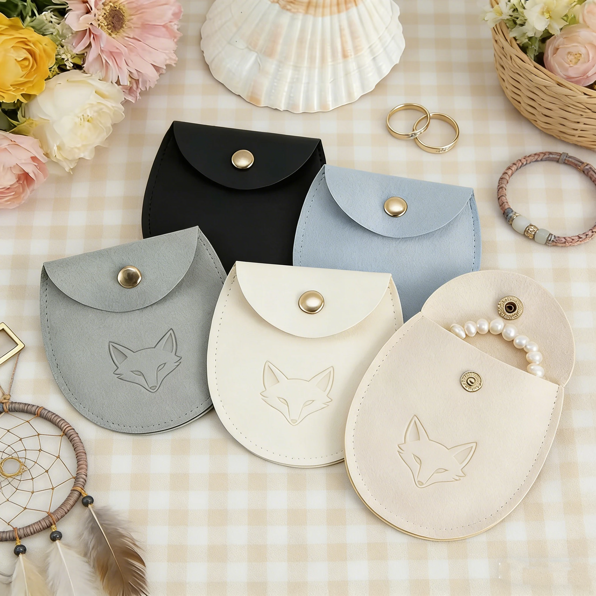 

50Pcs 7.8x8.5cm Personalized Logo Microfiber Ellipse Jewelry Snap Bag Wedding Favors Mini Gift Organizer Keychain Earrings Pouch