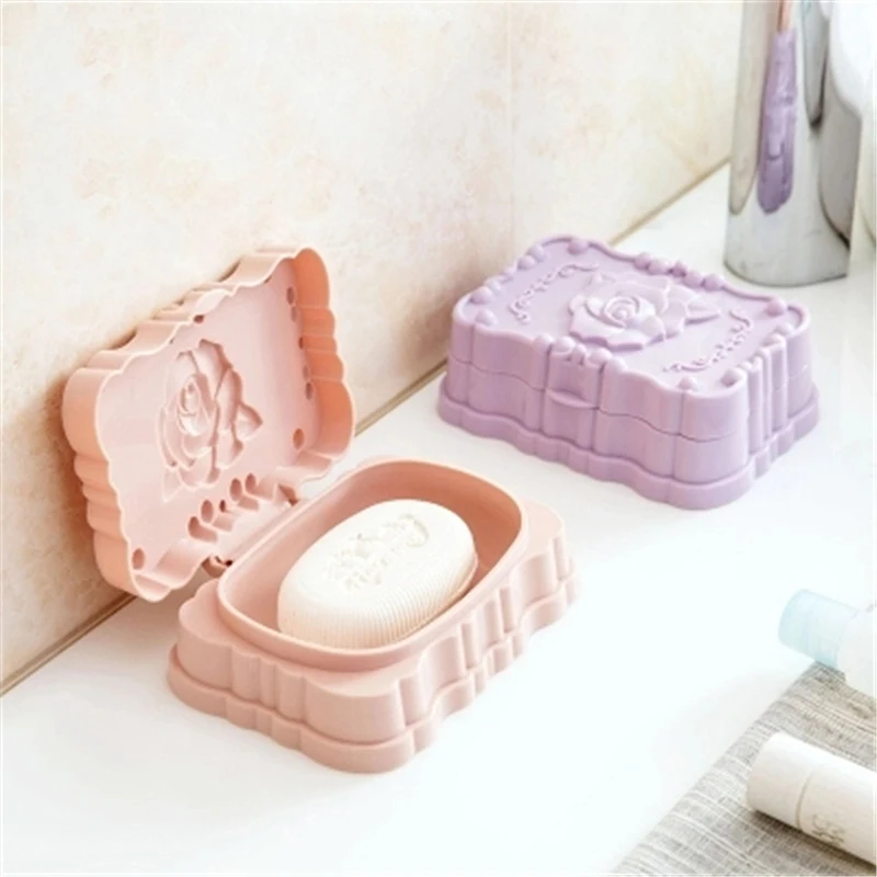 Plastic Travel Soap Box With Rose Lid Home Bathroom Flip Lids Soap Dishes Waterproof Draining Hand Soap Boxes Portable Boxes