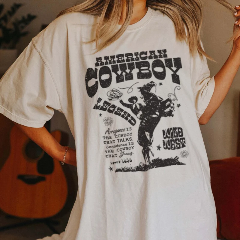 

kuakuayu HJN American Cowboy Women 70s Retro T Shirt Western Cowgirl Vintage Graphic T-Shirts Tees Hippie Boho Fashion Tops