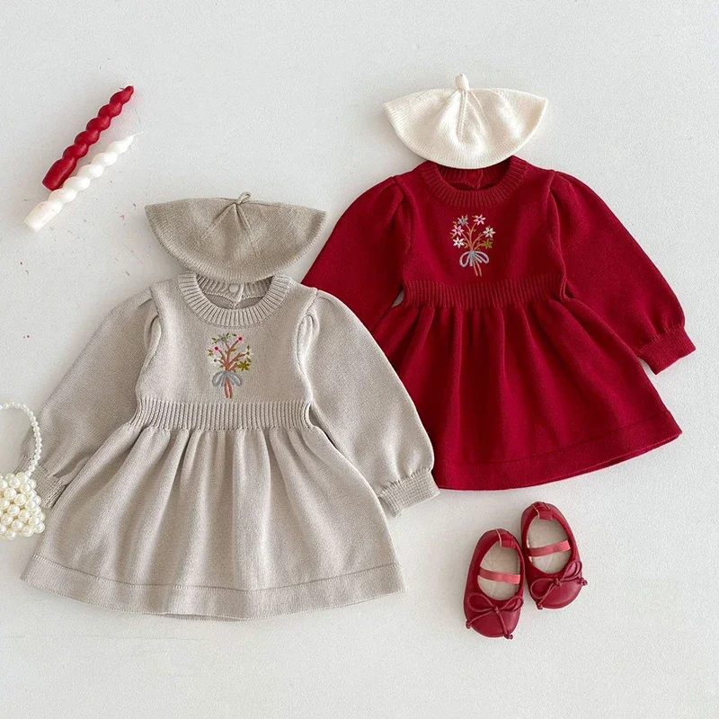 2024 New Autumn Kids Princess Dresses Children Knitting Clothes Baby Girl Party Dress Long Sleeved Knitted Embroidery Dress