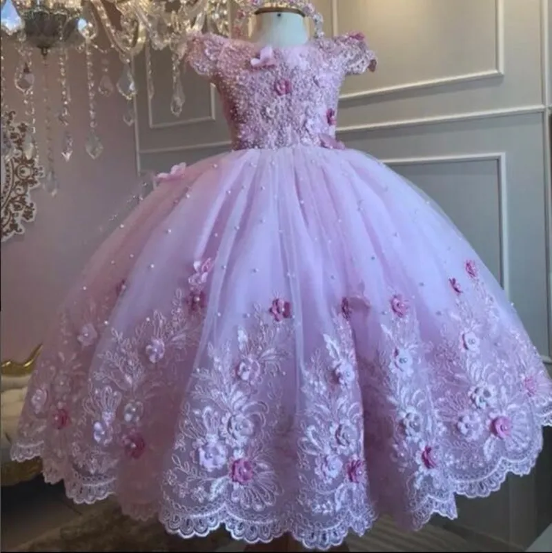 Bonito vestido rosa de fiesta de cumpleaños para niña con lazo grande, apliques de tul escalonados, vestido de princesa con flores para niña, vestido de desfile