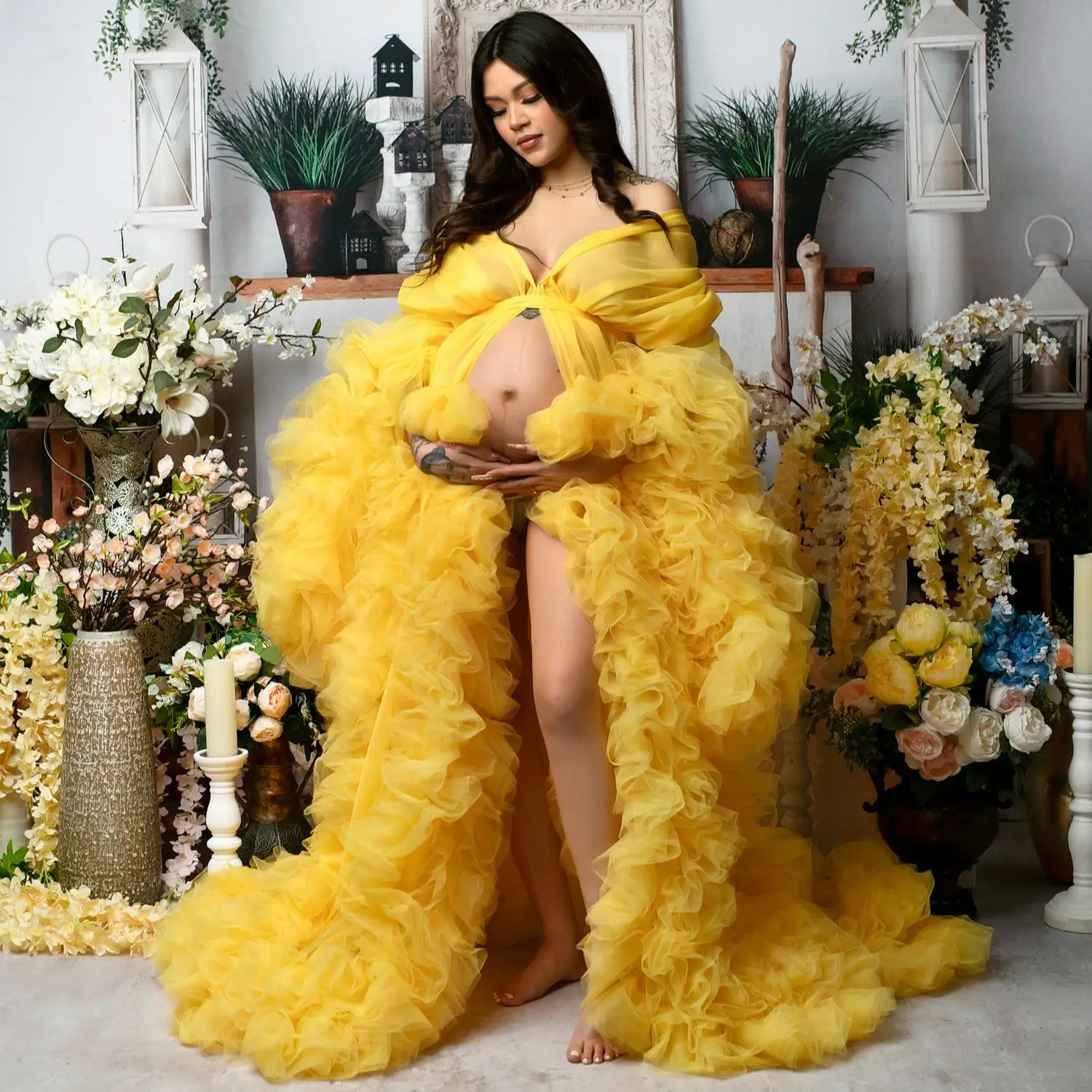 

Vintage Yellow A Line Evening Dresses Sweep Train Puffy Ruffles Baby Shower Gowns Front Split Pregnancy Women Photoshoot Robes