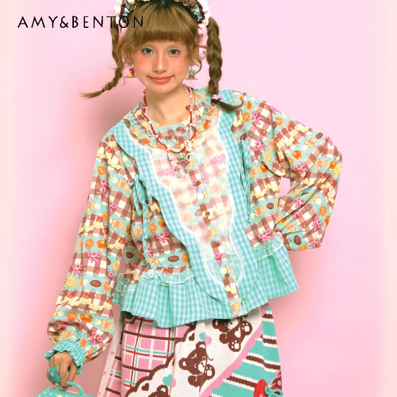 

Новинка осени 202, сине-зеленая клетчатая женская рубашка с принтом, винтажный дизайн, милые универсальные молодежные рубашки с кружевным воротником