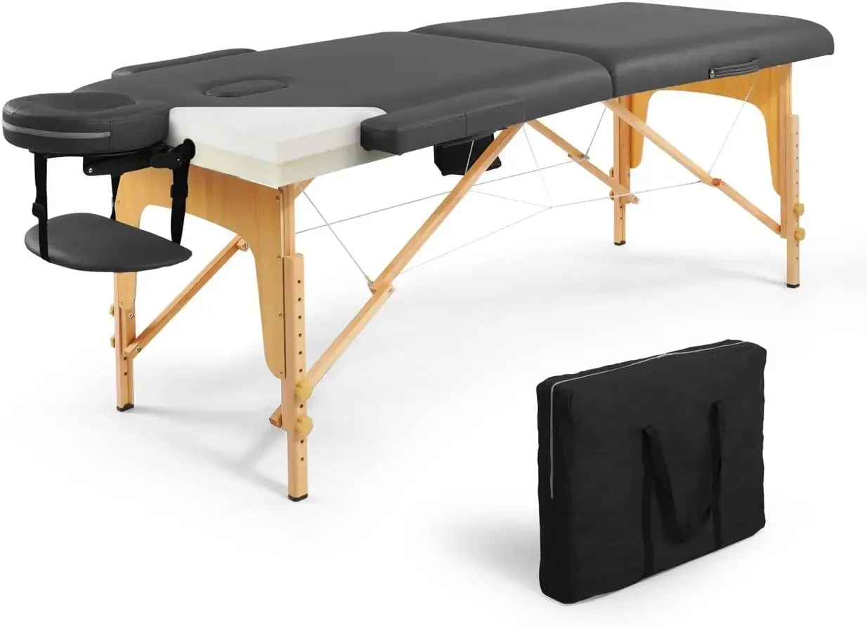 Premium Memory Foam Massage Table, 84 Inch Foldable & Portable Massage Bed, Height Adjustable Spa Bed, Wooden Legs & Carry Case