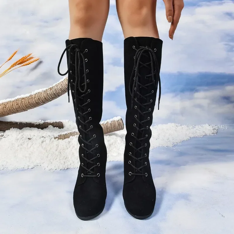 Comemore Shoes for Women Classic Style Cross-laced Winter Women\'s Boots Casual Fashion Thick Heel Brown Long Boots Zapatos Mujer