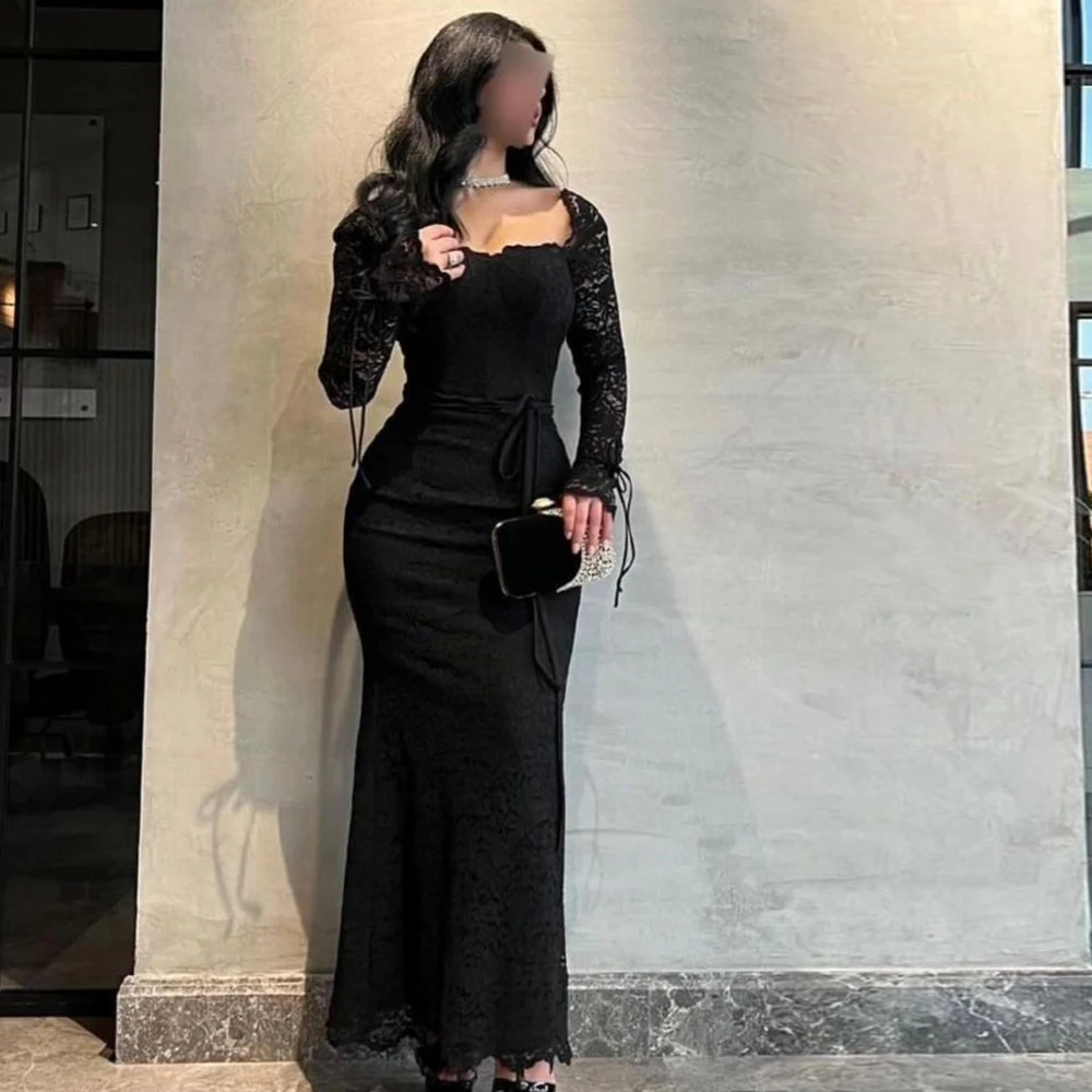 Black Lace Elegant Appliques Saudi Arabia Evening Dress Classic Straight Ankle Length Square Neck Custom Made Long Sleeves 2024