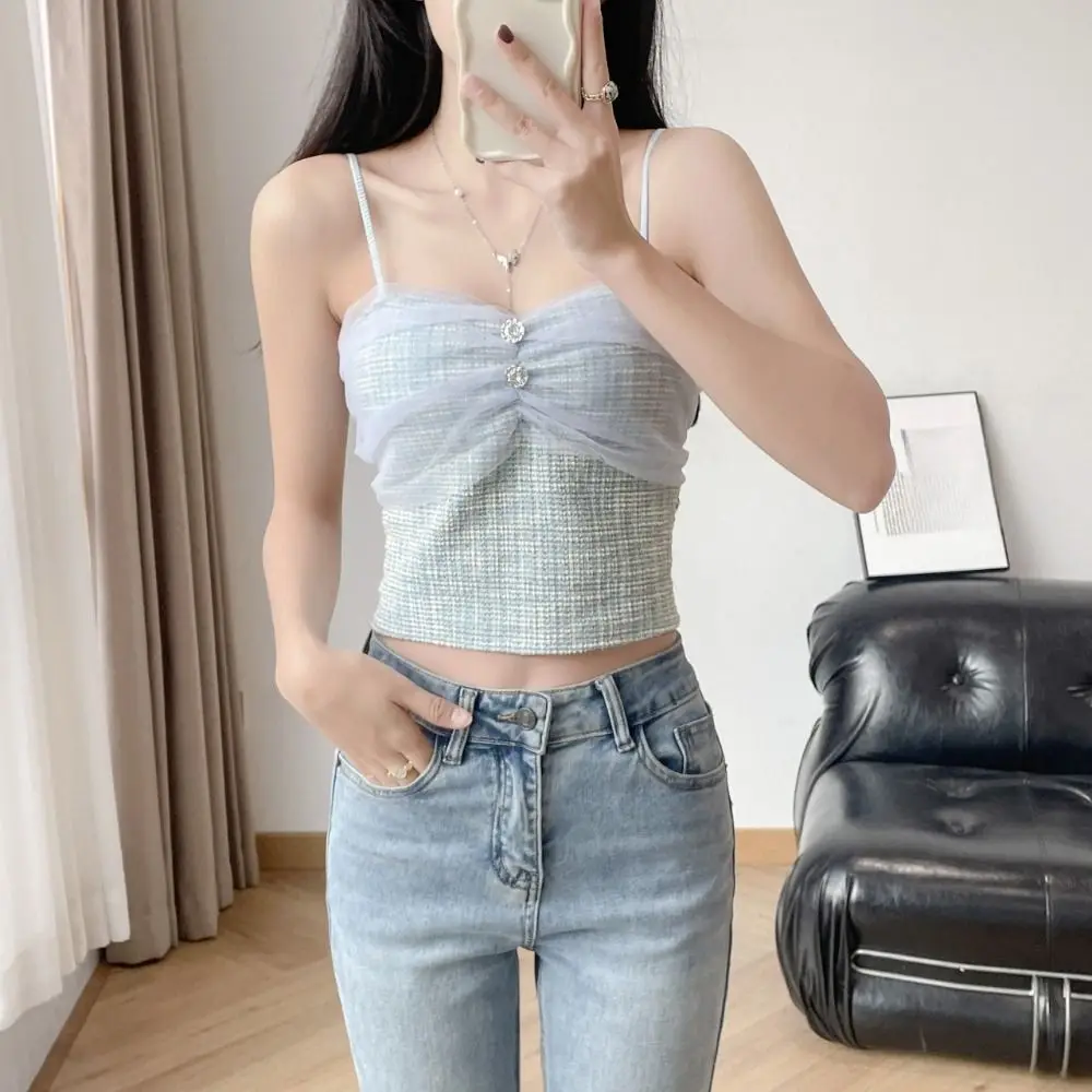 

Undershirts Mesh Slim Pleated Top Rhinestone Patchwork Tank Top Women Korean Style Summer Sleeveless Crop Top Daily