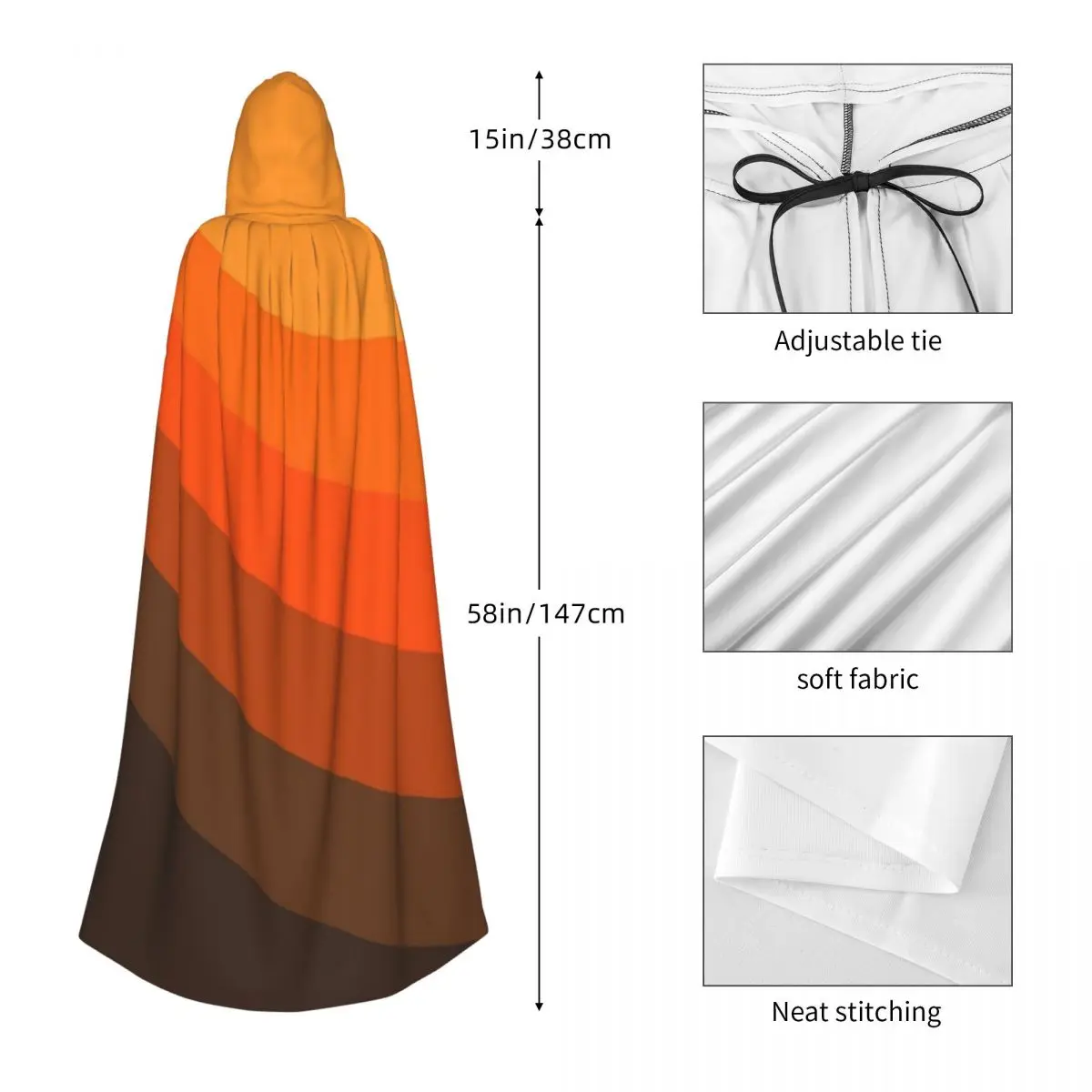 Brown And Orange Retro Sun Rays Long Hooded Cloak Witch Medieval Costume Cosplay Cape HalloweenVampire Adult Unisex