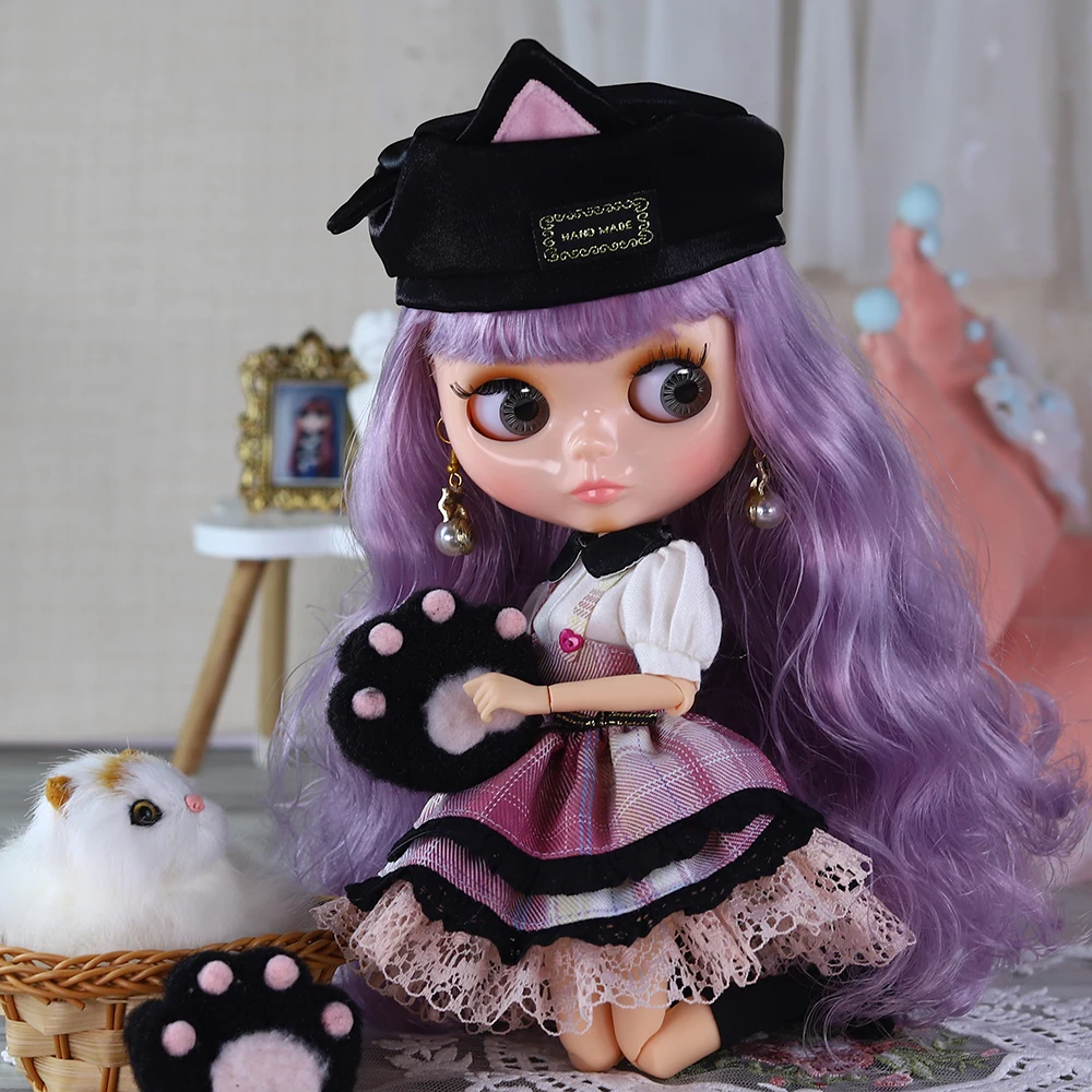 ICY DBS Blyth Doll Fair Skin Glossy face Cute Kitty Hat Costume Dress Princess Dress Up 30cm Doll Girl Festival Birthday Gift