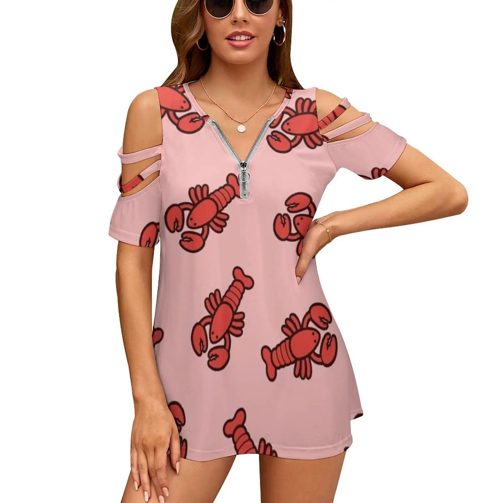 Lobsters Pattern On Light Pink Women'S T-Shirt Summer Fashion Print Floral V-Neck Zipper Tshirt Hollow Pullover Ladies Top