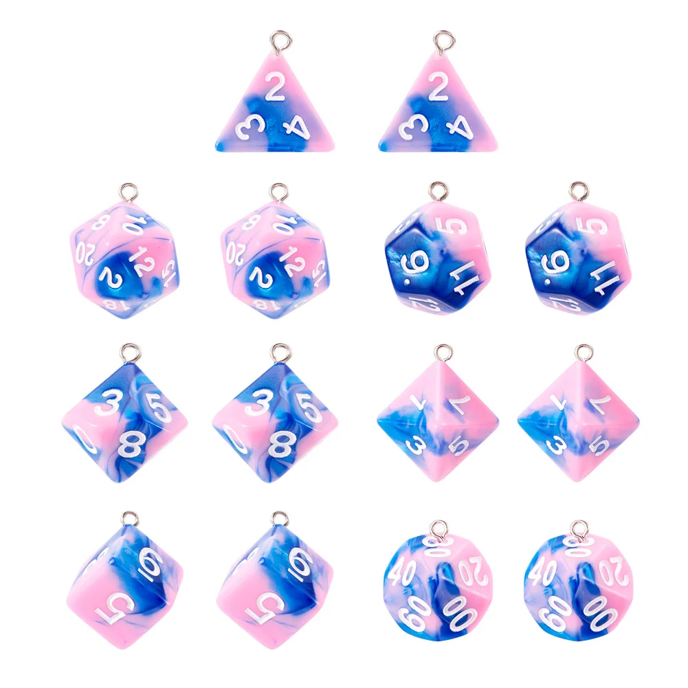 14Pcs Resin Polyhedral Dice Pendants Set Multi-Sided Dice Charms with Iron Loop for Jewelry Making DIY Necklace Keychain Earring