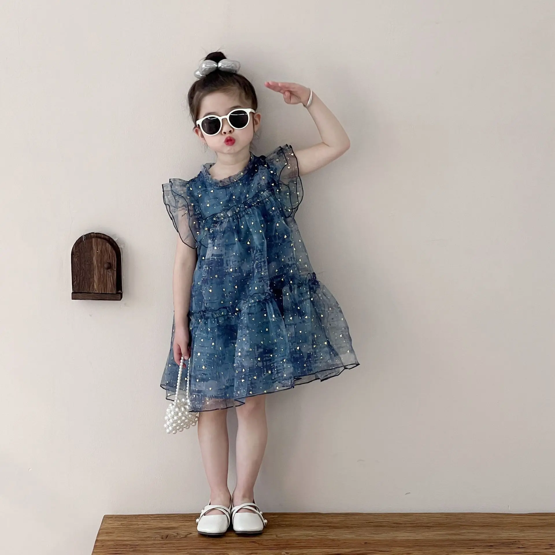 

Starry Flying Sleeve Dress Summer Girls Dress Sequined Blue Vest Dress Gauze Skirt Dress for Kids Girl Birthday Kids Clothes