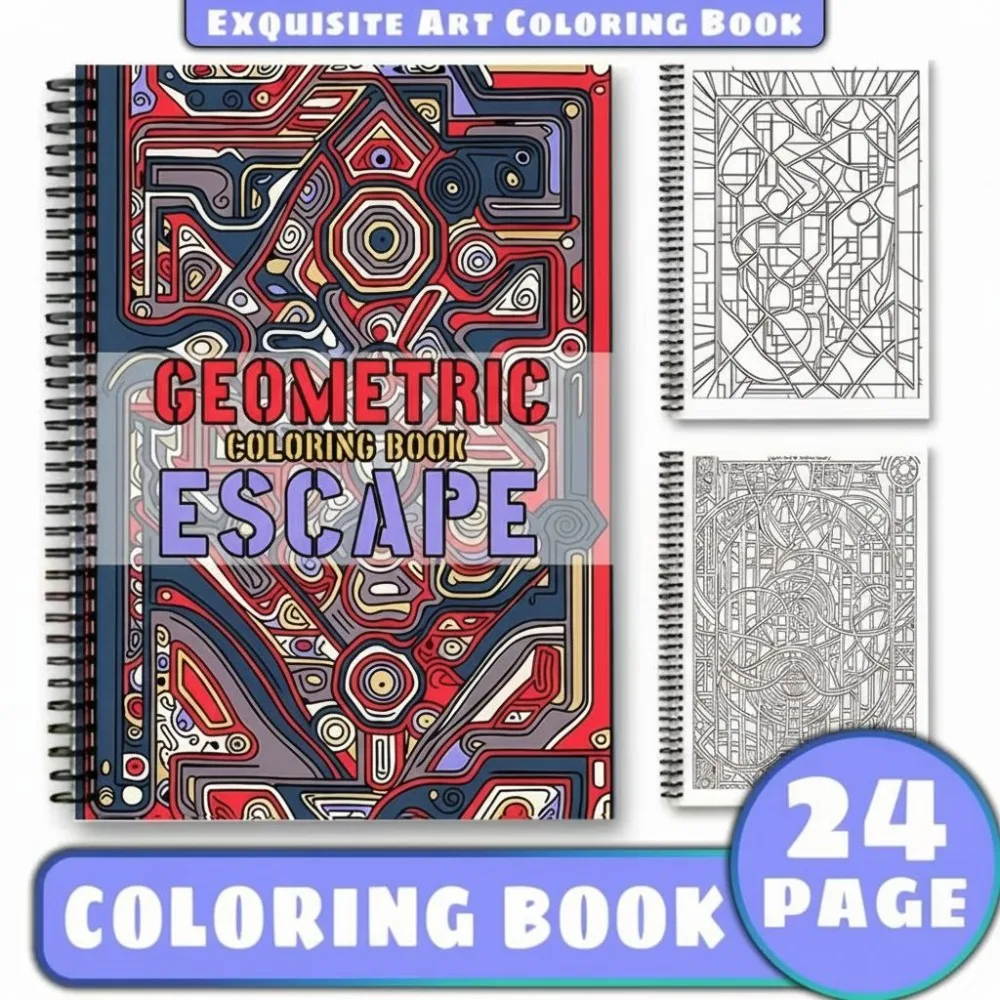 

A4 Spiral Geometric Escape Coloring Book 24 Pages Modern Abstract Designs for Adults Stress Relief Relaxation Gift