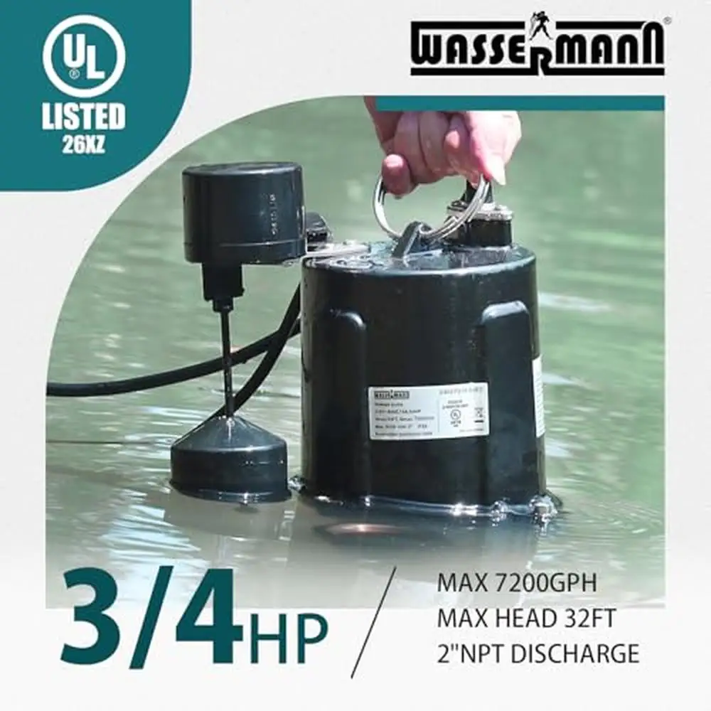 3/4 HP Cast Iron Submersible Sewage Pump w/ Auto Float Switch 115V 7200 GPH High-Efficiency Motor Ideal Basement Drainage