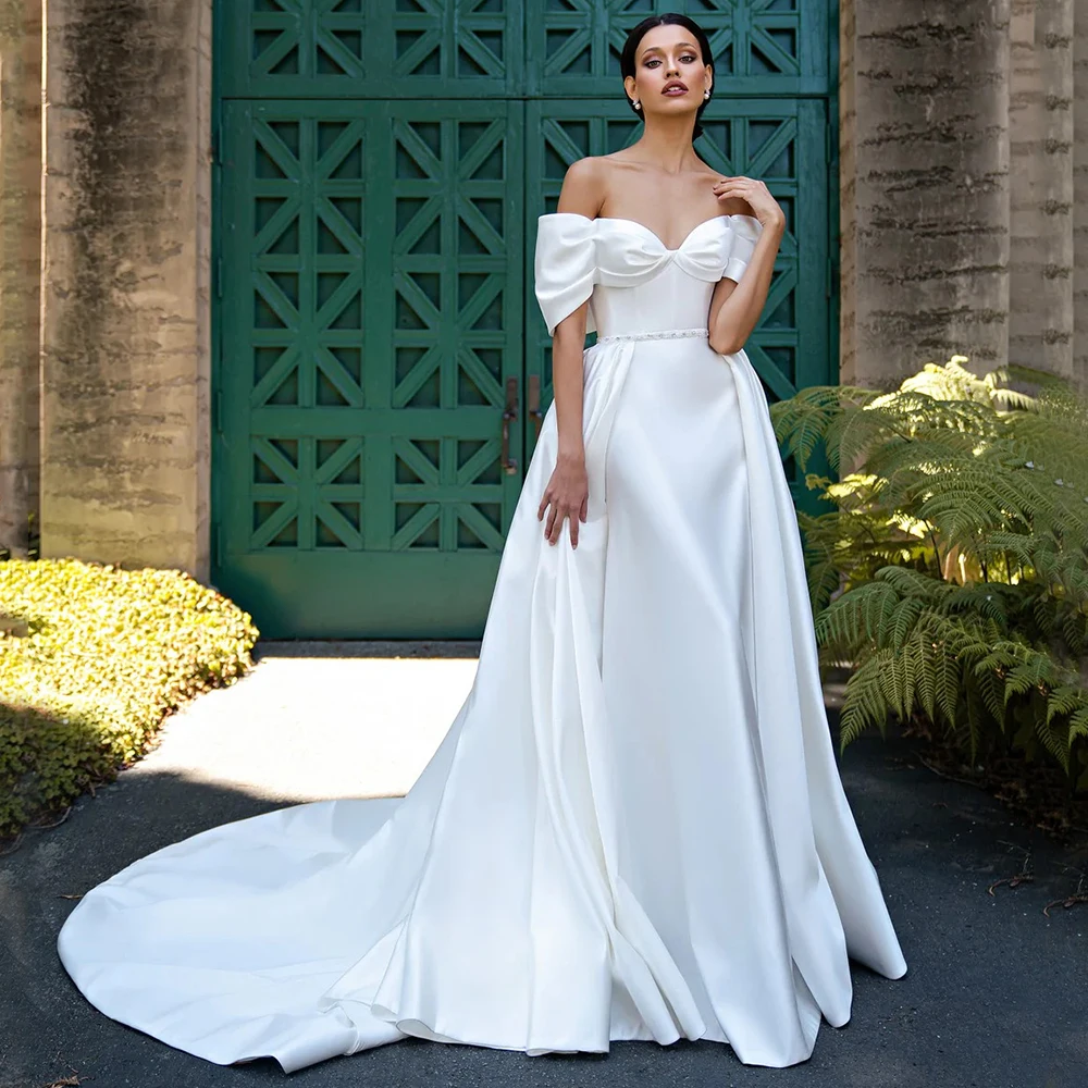 

Elegant Satin Strapless Wedding Dress Short Sleeve Off the Shoulder Floor Length Princess with Beading Belt Court Train Gowns