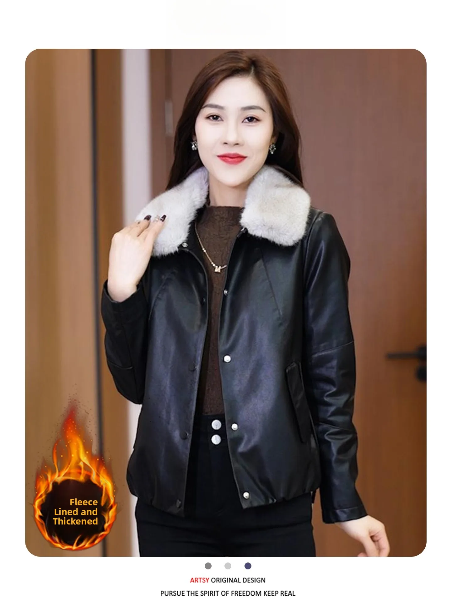 Dames ort Thiened Fce gevoerd leer Jaet Herfst Winter Nieuw ontwerp Veelzijdige Sli Commute Sle Long Sve Butt...