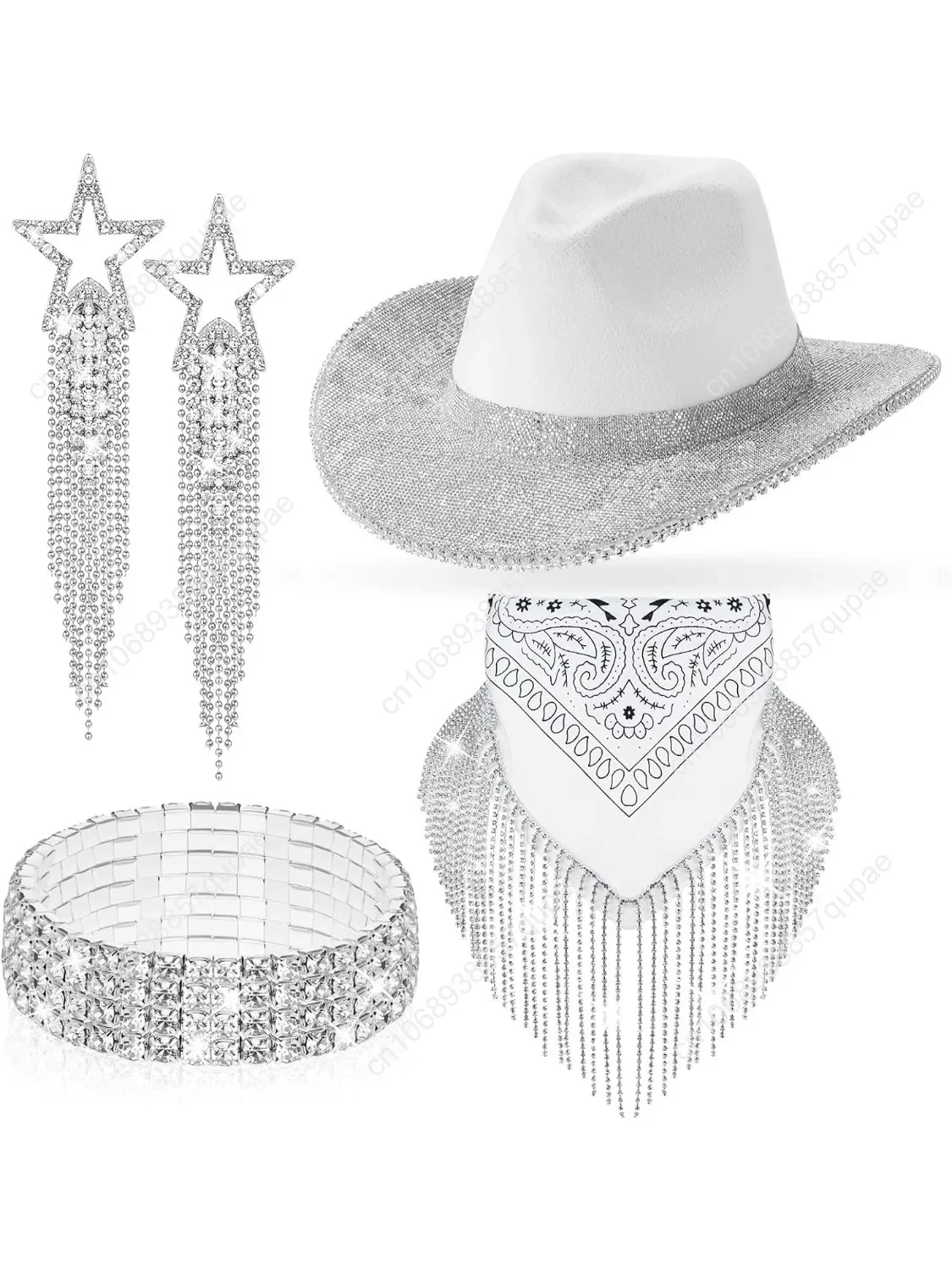 

White Cowboy Hat 1 Glitter Cowgirl Hat with 1 Fringe Bandana 2 Cowgirl Accessories for Girl Women Disco Wedding Rave Bache