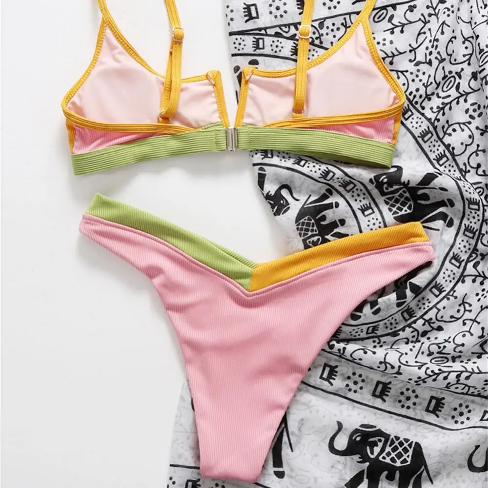 Conjunto de Bikini brasileño con Push-Up y escote en V para mujer, traje de baño Sexy con bloque de colores, ropa de playa Vintage