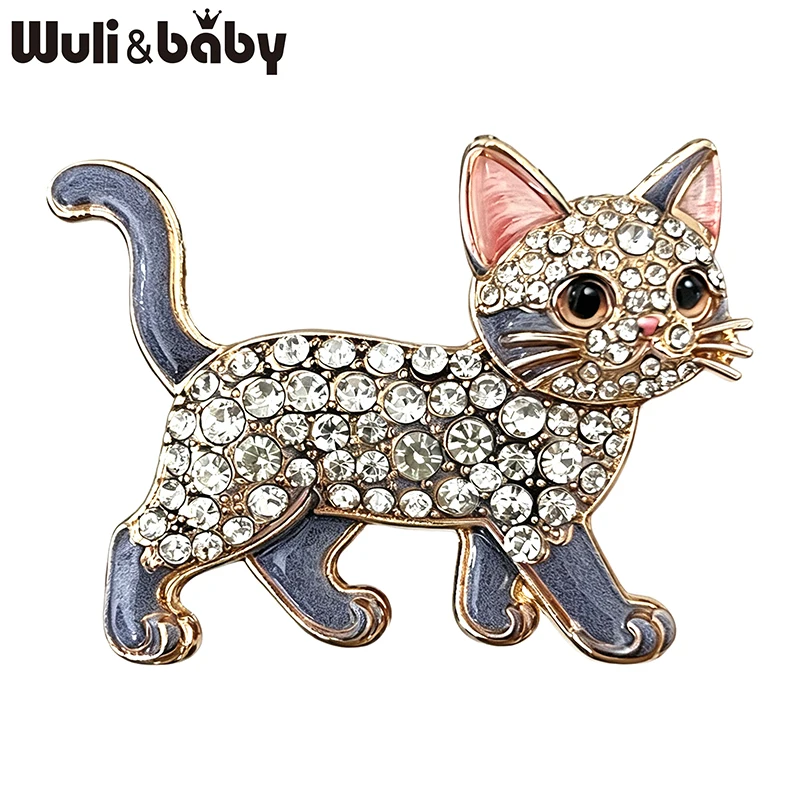 Wuli&baby Cute Cat Brooches For Women Unisex 4-color Enamel Rhinestone Walking Kitty Animal Party Casual Brooch Pins Gifts