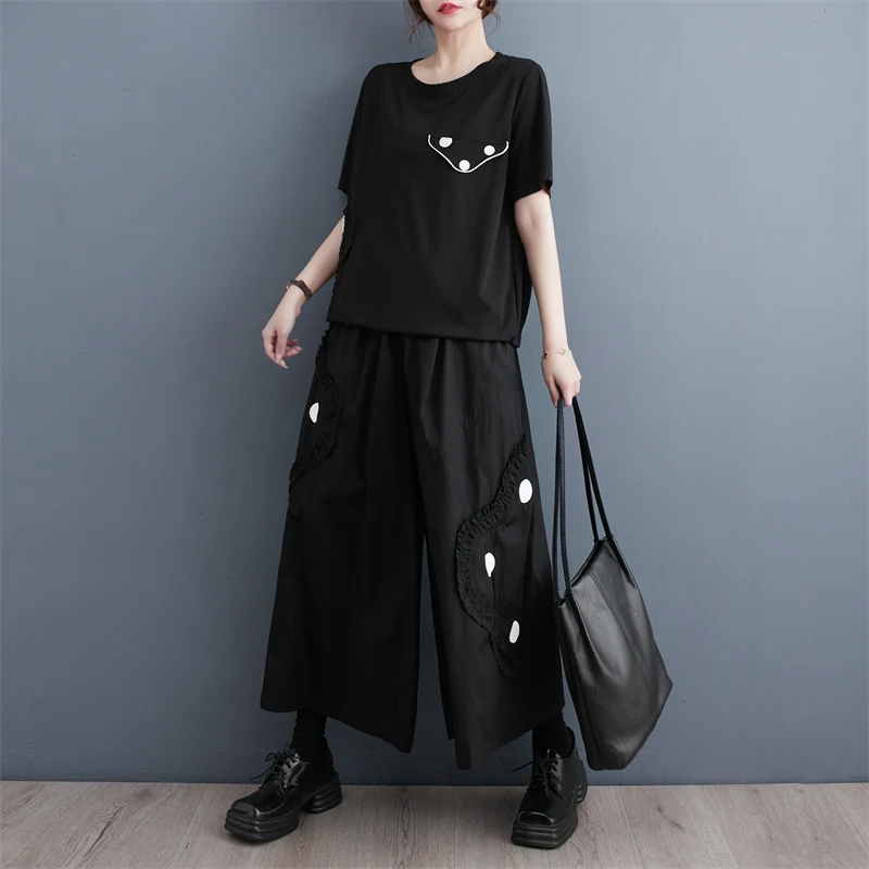 ゆったりとした花柄レースパッチワークファションプリントTシャツワイドレッグパンツツーピースセットサマーコットンブレンドレディースファションアンサンブル