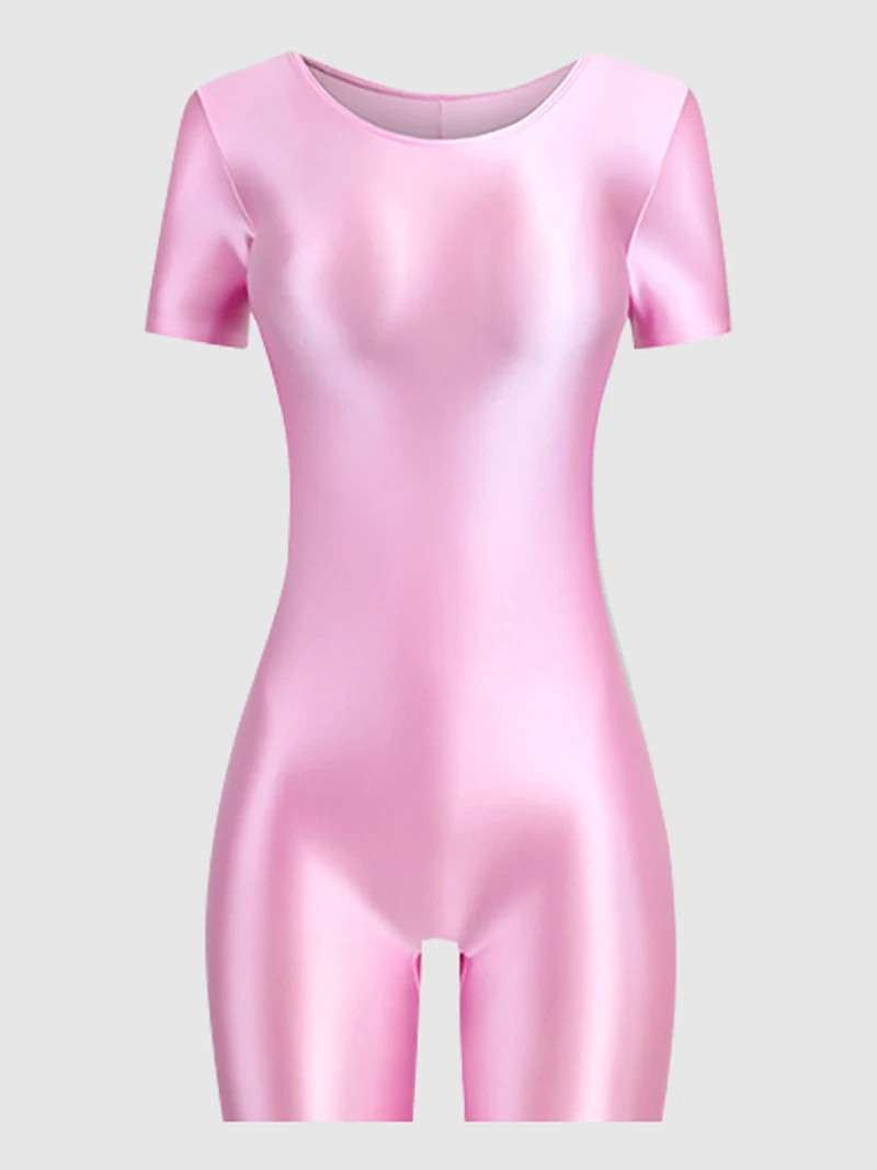 Celana Pendek Leotard Senam Wanita untuk Menari Balet Lengan Pendek Acrobatics Mengkilap Leotard Senam Elastis Jumpsuit Pakaian Tari