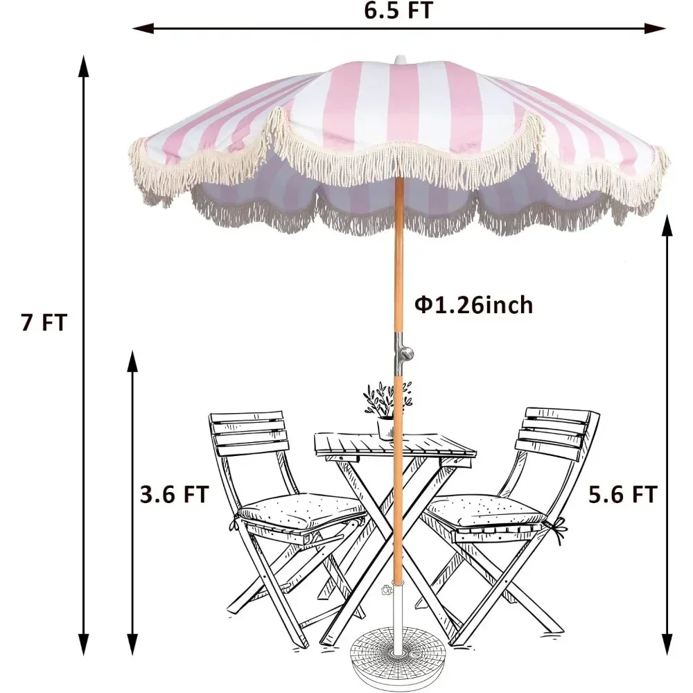 ร่มชายหาด Boho แบบ6.5ft ร่มมีพู่ห้อยแบบ UPF 50 + พร้อมกระเป๋าใส่โน๊ตบุ๊คแบบพกพาร่มระเบียงไม้พรีเมี่ยมร่มพับได้