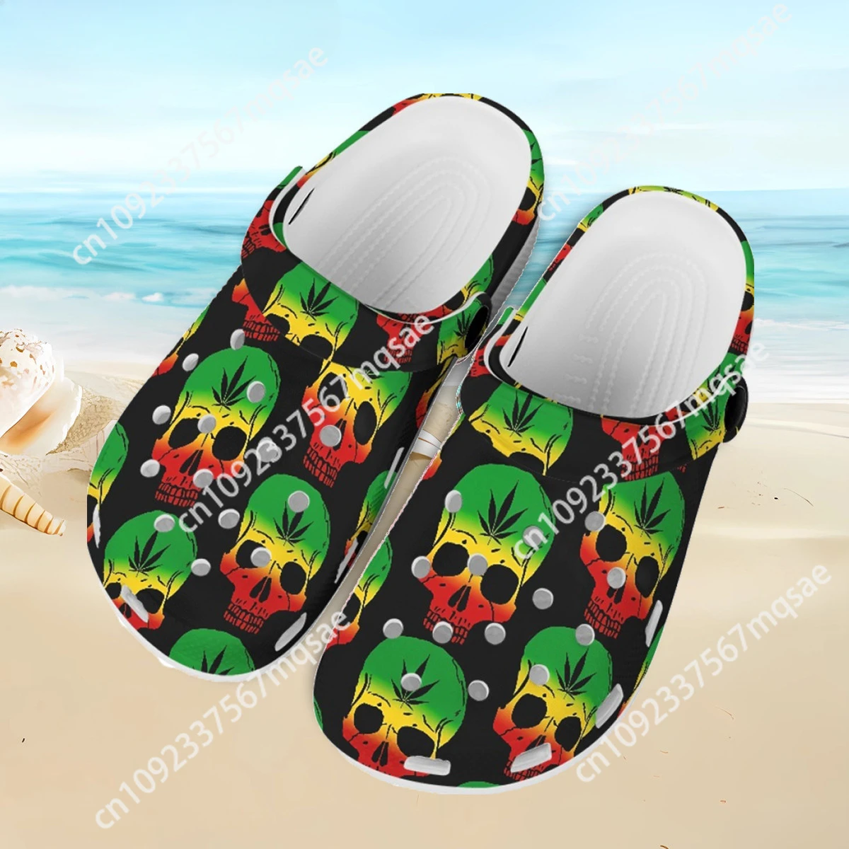 Custom Jamacia Flag Skull Pattern Breathable Hole Shoes Men Women's Outdoor Sandals Soft Slipper Non-Slip Unisex Flip Flop