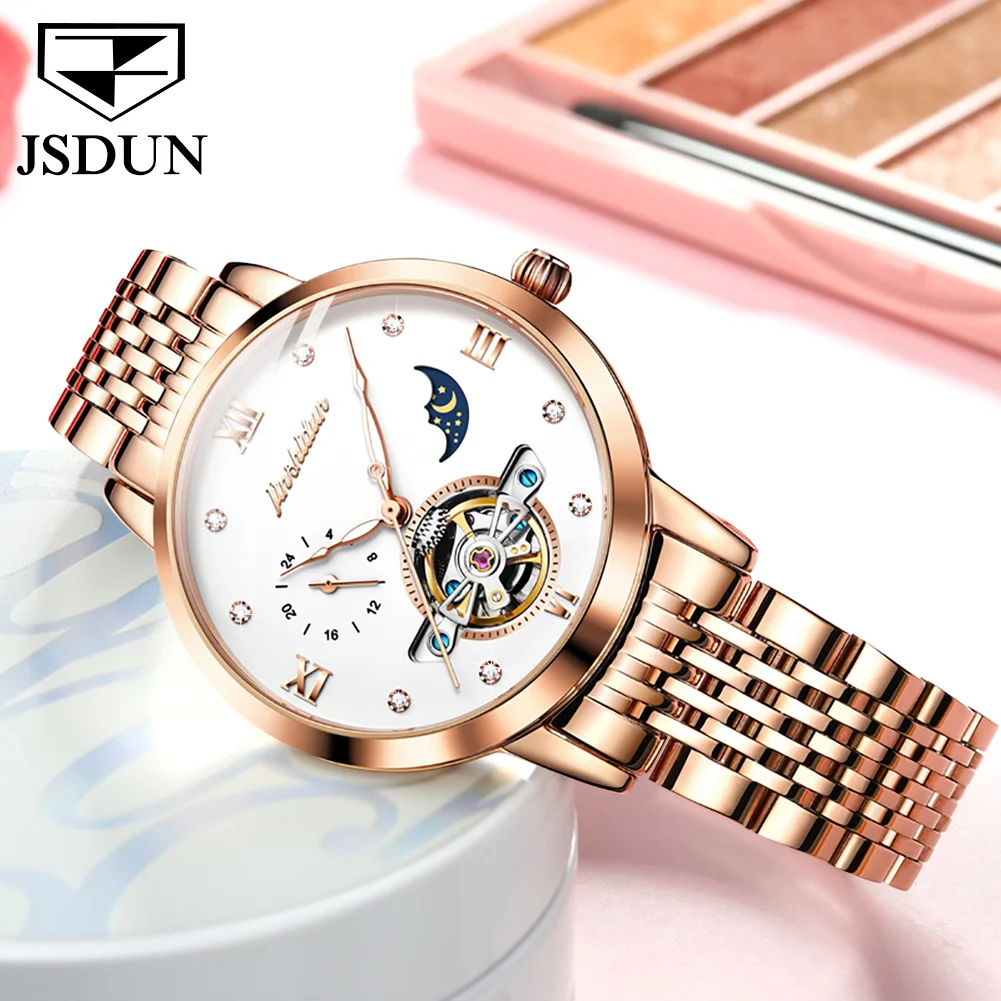 JSDUN 8832 Original Top Brand Mechanical Watch For Women Hollow Skeleton Luxury Hand Clock Waterproof Luminous Fashion Watches