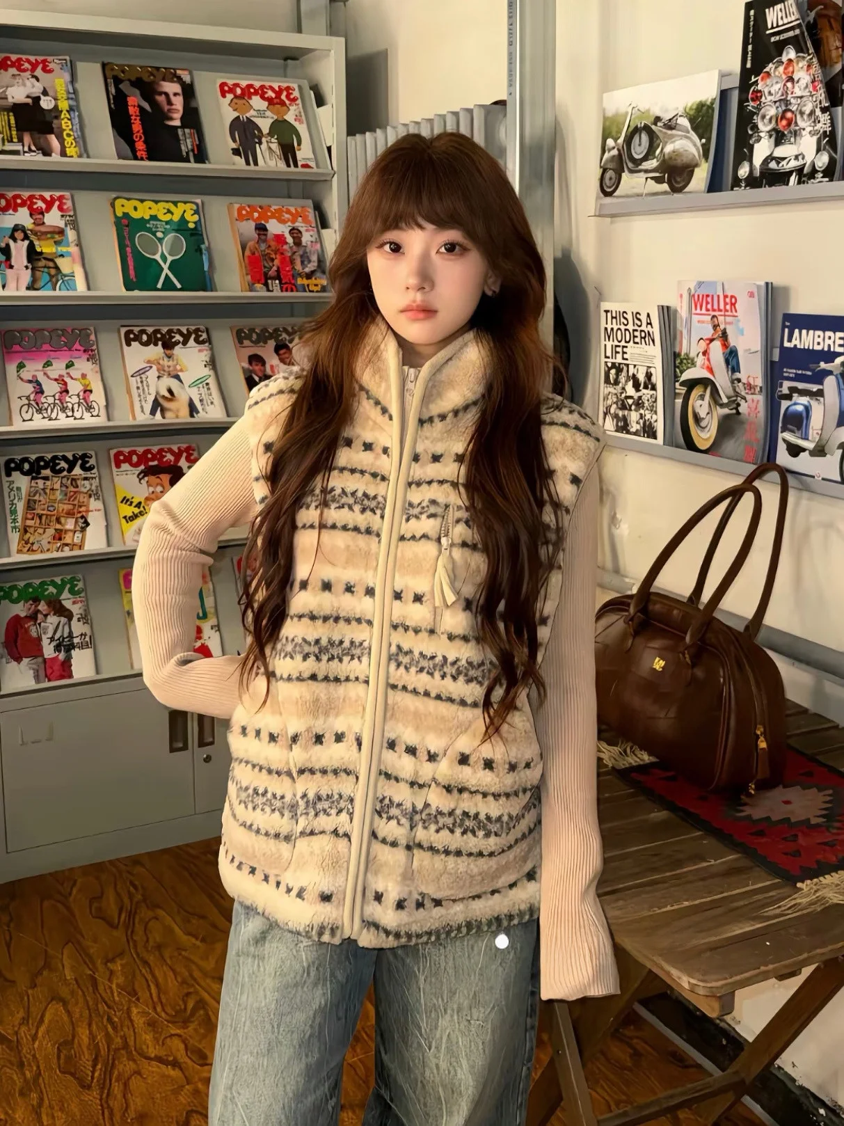 

American Sle Women's Vest Spring New Stand Collar High-End Feeling Layering Outerwear Top Vintage Fair Isle Lamb Fur