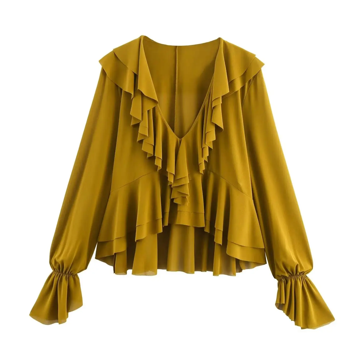 

KONDALA Chic 2025 желтая женская блузка, повседневная модная осенняя многоуровневая плиссированная рубашка с v-образным вырезом, элегантная осенняя свободная рубашка Mujer для учителя