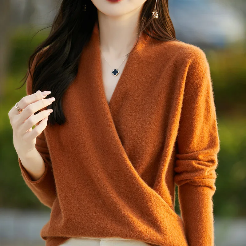 Winter 100% Pure Wool Knitted Women Sweater V-neck Pullover Standard Cashmere Knitwear New Fashion Sexy Warm Female Jumpers