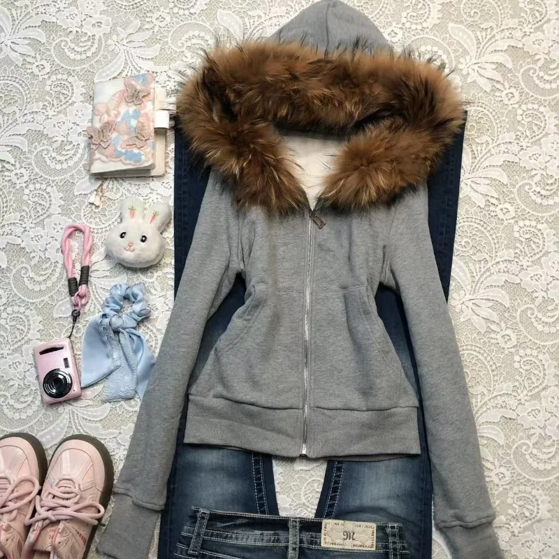 Y2k-Sudadera con capucha para Mujer, ropa de calle Vintage americana, chaquetas de otoño e invierno, Sudadera con capucha gris con cremallera, Sudadera para Mujer