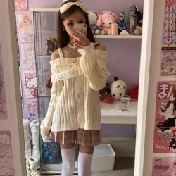 Combhasaki Maglioni da donna con spalle scoperte carine Kawaii a maniche lunghe con bordi in pizzo a contrasto Pullover lavorati a maglia con fiocco sul davanti