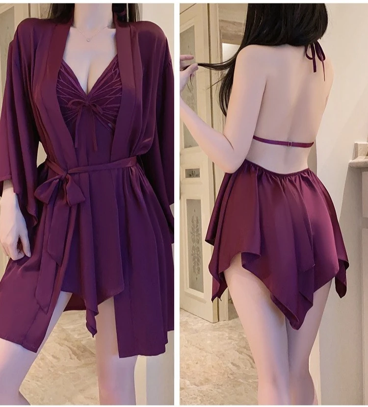 

3-piece Set Woman Night Dress Ice Silk Large Size Sleepwear with Underwire To Gather and Bow Design Sexy Nightgown