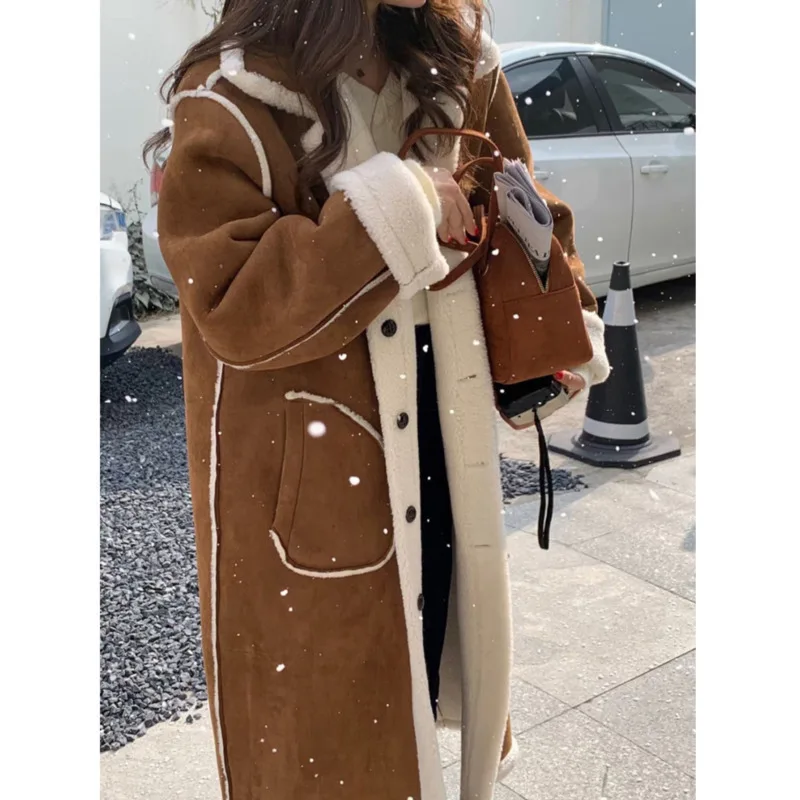 [EWQ] Korean Chic Long Sleeve Single Breasted Double-faced Faux Fur Coat Winter Warm Thick Women Outwear 2024 Autumn New 16O2183