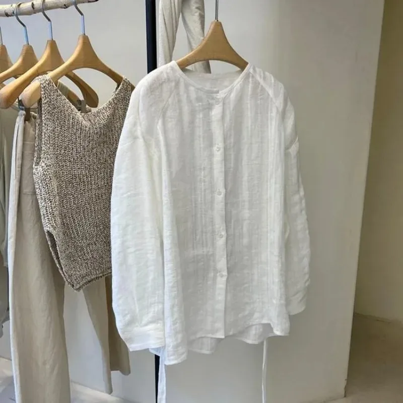 

Women's French Retro Loose Long Sleeve Shirt Summer Round Neck Casual Lightweight Blouse Sun Protection Tops