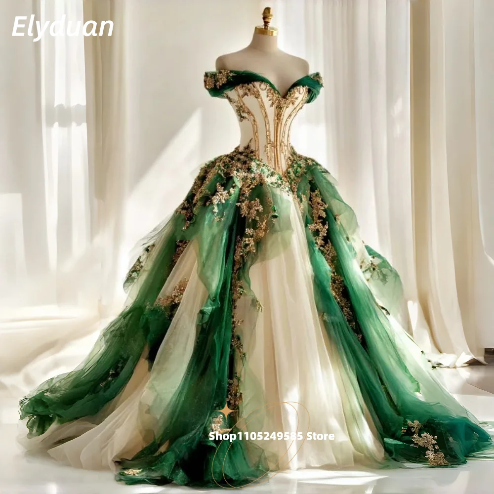 Pastrol Champagne And Green Fantasy Wedding Dress Ruffle Ball Gown Lace Appliques Off-Shoulder Fairytale Bridal Gowns Customized
